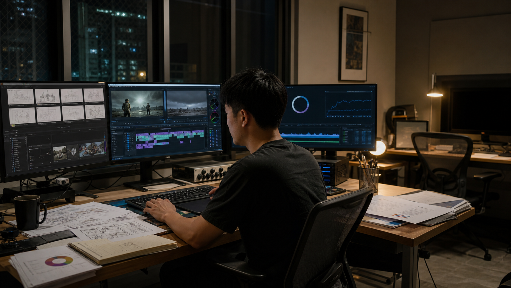 AI 短影音創作者在多螢幕工作站製作國際賽事作品