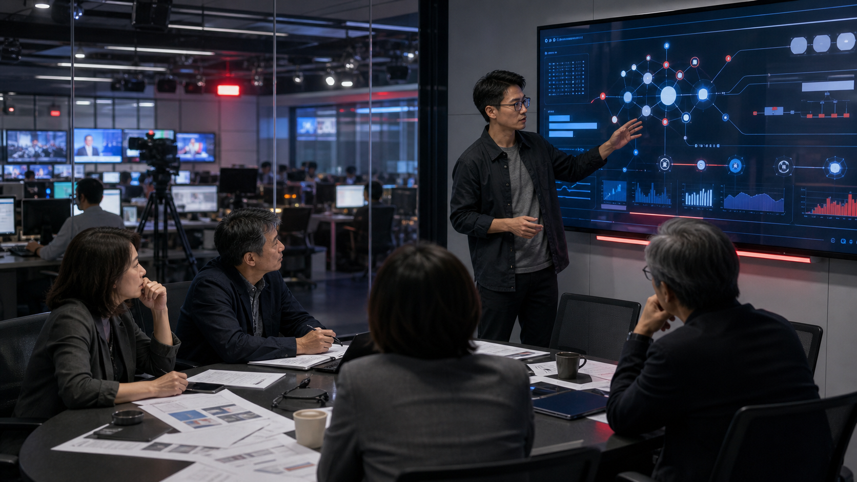 AI 工程師在新聞編輯台會議中展示自動化決策系統