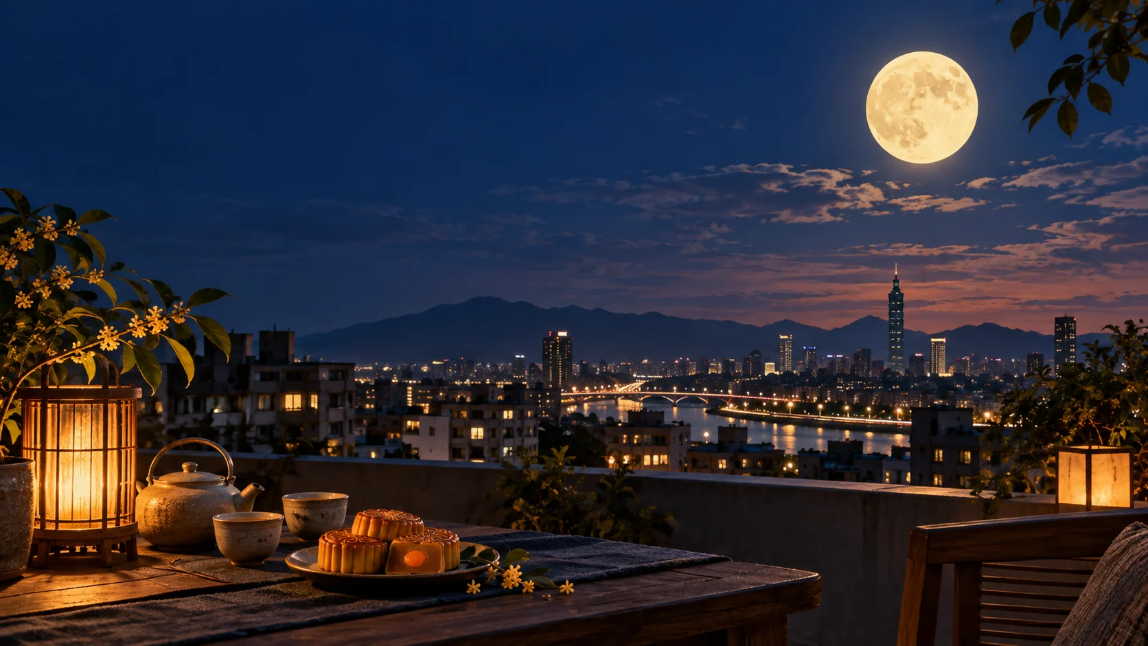 中秋夜的圓月、台北城市夜景、月餅與茶席插畫