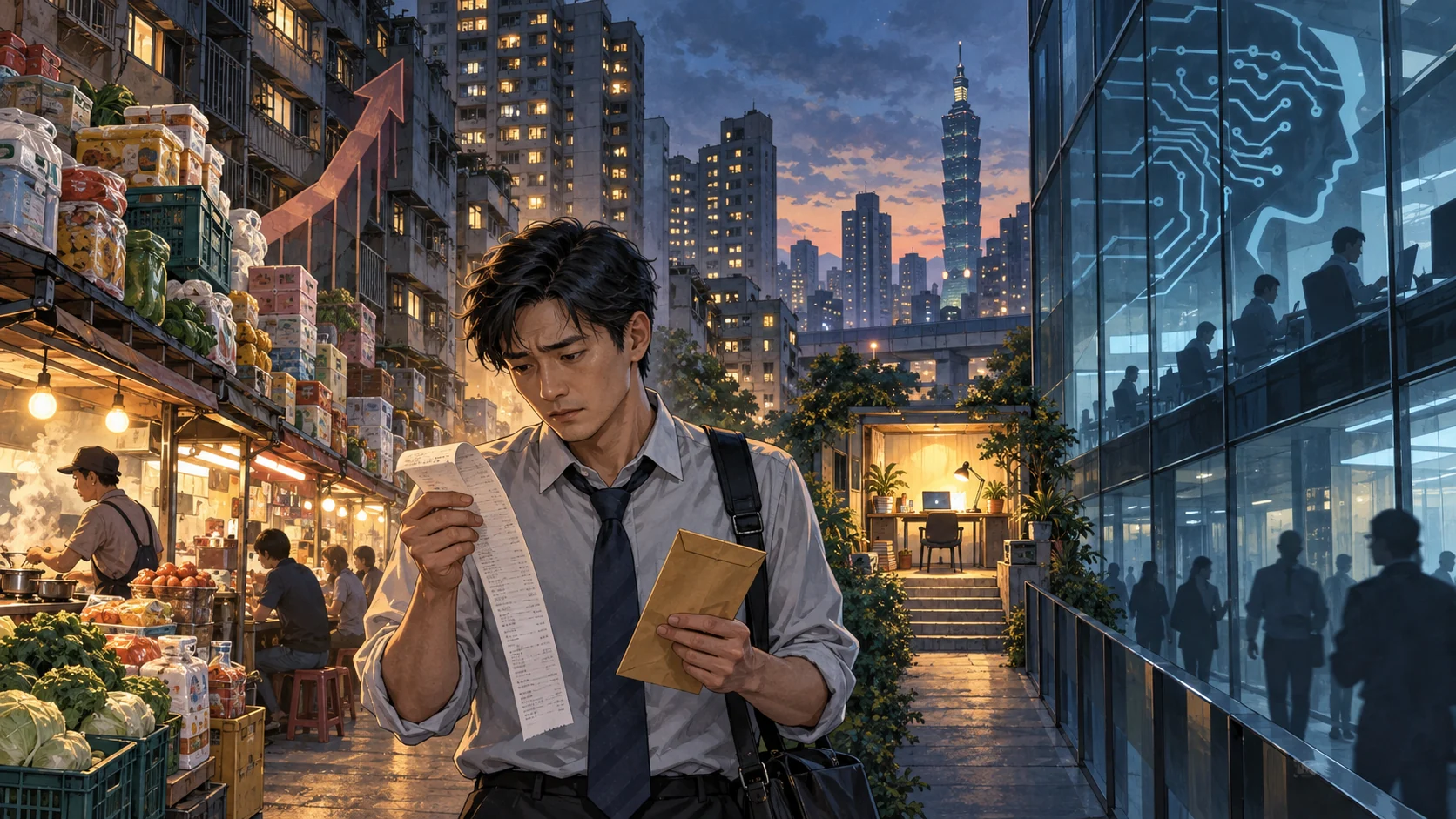 台灣上班族拿著薪資袋與生活帳單，面對物價與 AI 職場變化的情境插畫